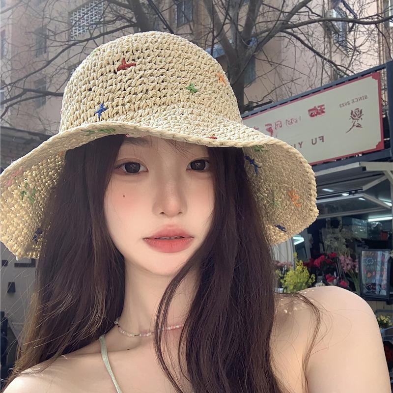Women's Summer Colorful Sweet Woven Straw Hat Beach Hollow Out Crochet Sun Protection Hat Vacation Wide Brim Sunshade Hat