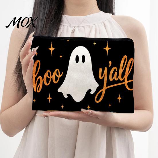 Cartoon Style Storage Case Cosmetic Bag, Halloween Pattern Print Makeup Canvas Travel Toiletry Bag Zipper Pouch, for Change Data Cable High