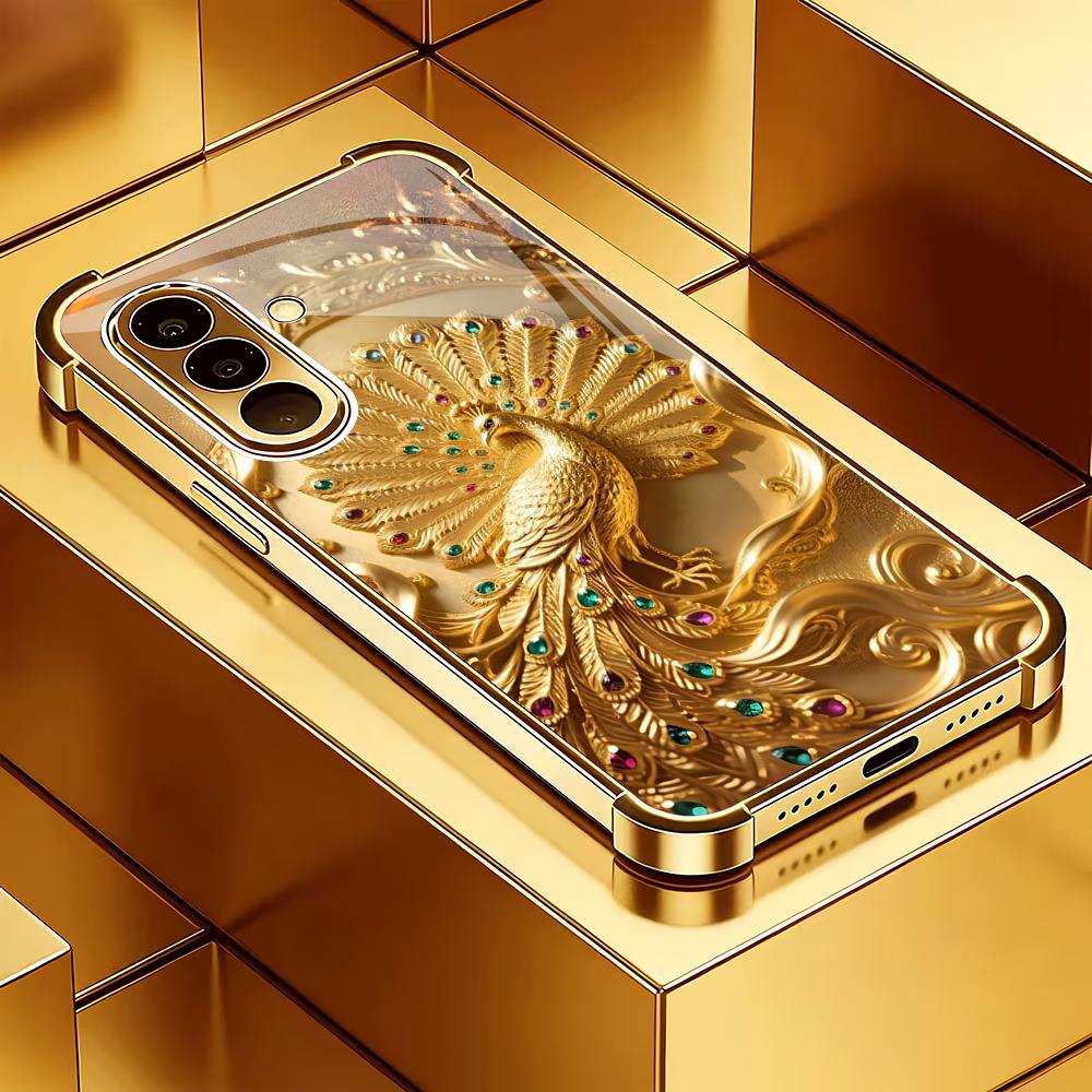 Стеклянный чехол для телефона с покрытием "Золотой павлин", подходит для Samsung Galaxy S26 S25 S24 S23 S22 S20 FE/Ultra/Plus, противоударная задняя крышка