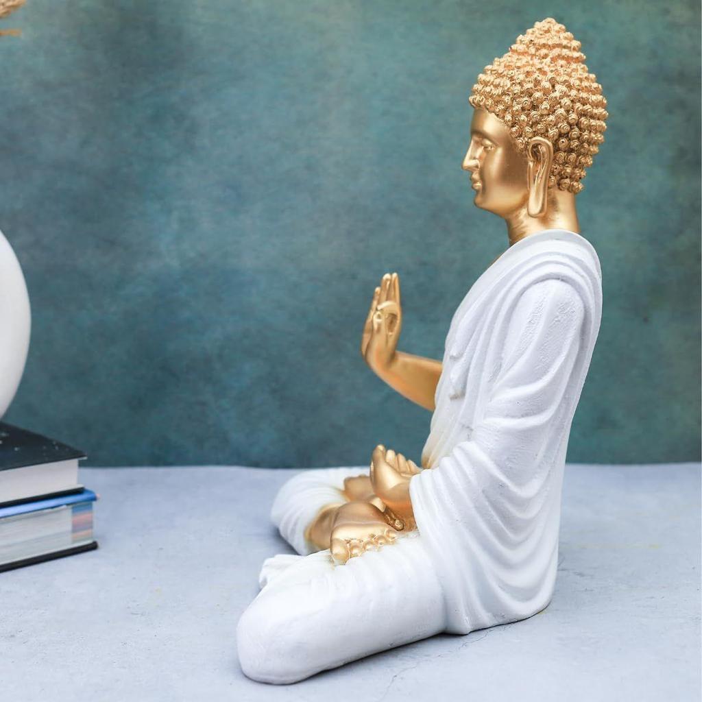Polymarble Meditating Buddha Idols for Home Decor/Buddh/Gautam Buddha Statue Lord Figurine/Murti Religious Gift (White - 14inch)