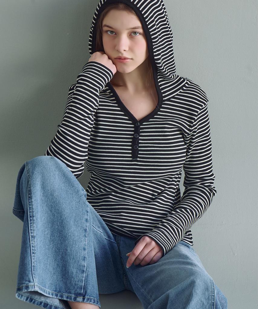 SLOWLOLLI Striped Button Hoodie Slim T-Shirt_2 Colors