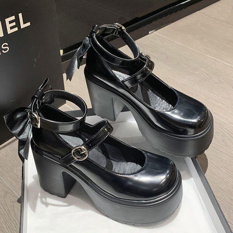 Fashion White High Heels Women's Shoes Summer New Style Platform Mary Janes Sweet Butterfly Knot 10cm Thick Heeled Female Loafers Pumps