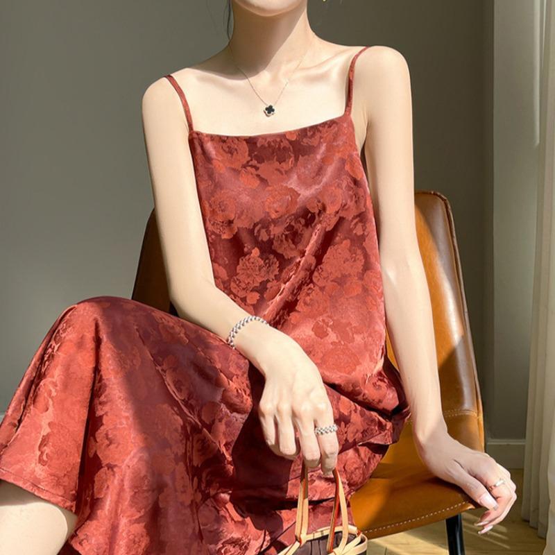 Весна Новое Женское Платье из Ацетатного Сатина с Жакардовым Узором на Воротнике и Бретелях, Без Рукавов, Длинное