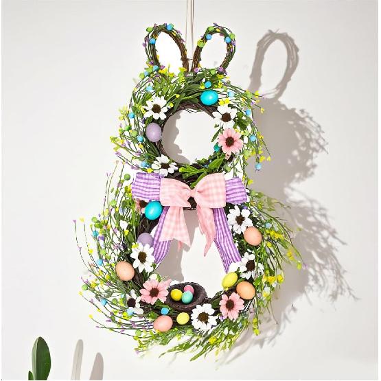 25 Inch Easter Bunny Wreaths for Front Door Decoration,Easter Door Wreath with Pastel Eggs Artificial Floral Decorations for Home Indoor Outdoor