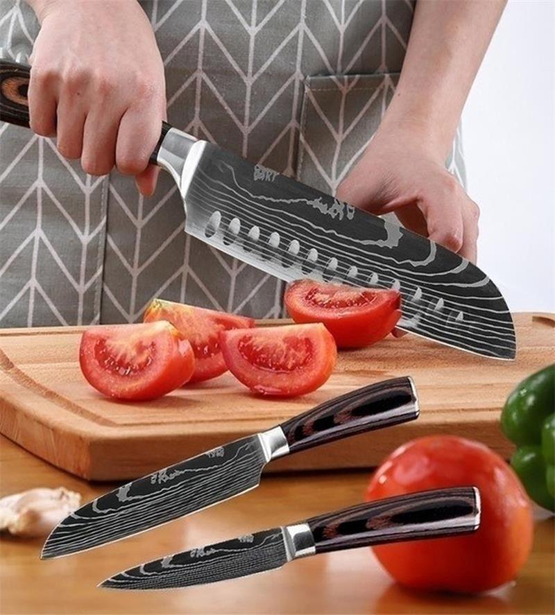 7-piece Laser Damascus Pattern Chef's Knife Sharp Santoku Meat Cleaver Slicing Utility Knife Tool