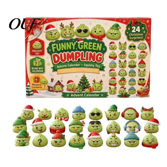 Soft TPR Fidget Toy Green Elf Dumpling Advent Calendar for Christmas, with 24 Stress Relief Squeeze Toys, Christmas Themed Gift Box Days Xmas