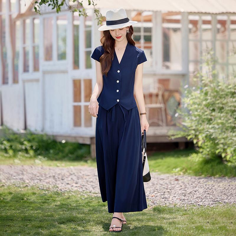 Summer new shell button short cardigan top wide leg culottes two-piece set women's summer thin fashion casual women's suit