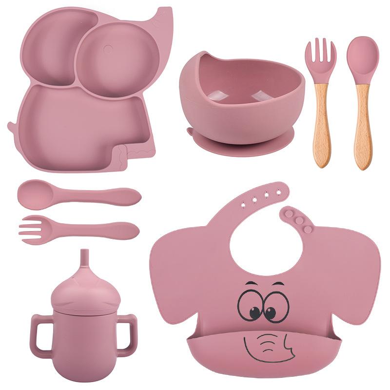 8 шт./компл. набор силиконовой посуды «Слоненок», детские блюда для кормления, миска без бисфенола А, тарелка, нагрудники, наборы ложек и вилок, детская нескользящая посуда
