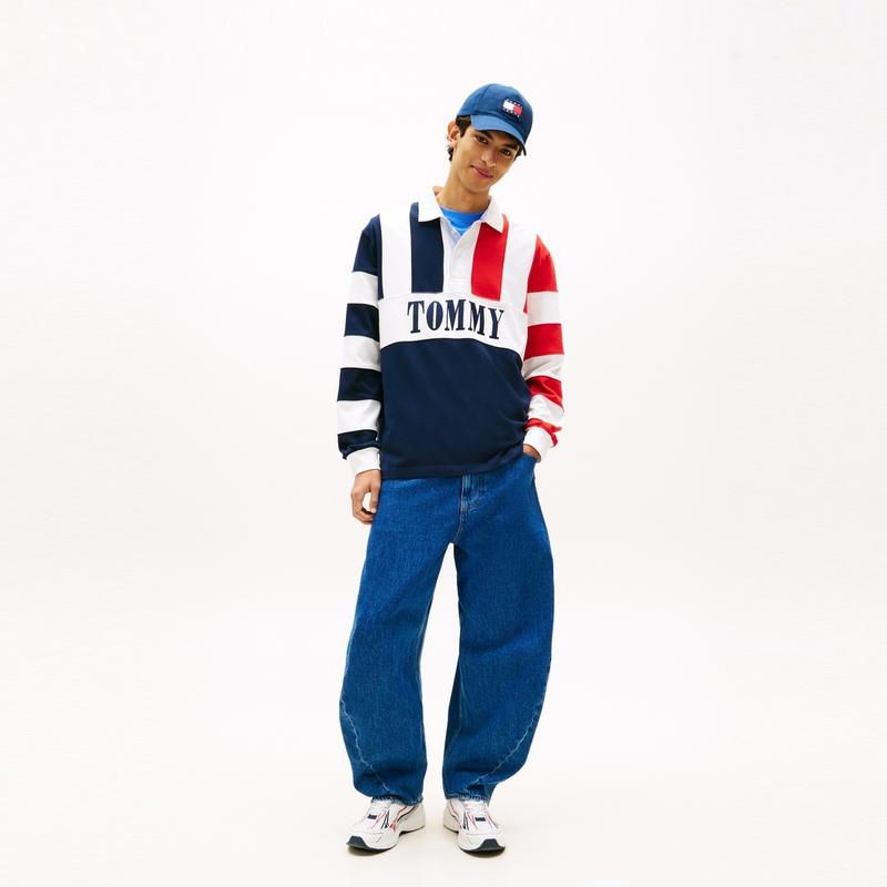 Tommy Hilfiger Хлопок Модный Цветной Блок Винтажная Полоска Вышивка Свободная Длинный Рукав Рубашка-поло Мужские Топы DM0DM23054-C1G