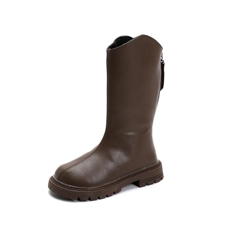 2024 New Children's Fashion Boots Solid Color Simple Girls Causal Long Boots Versatile Black Brown Kids Princess Leather Boots