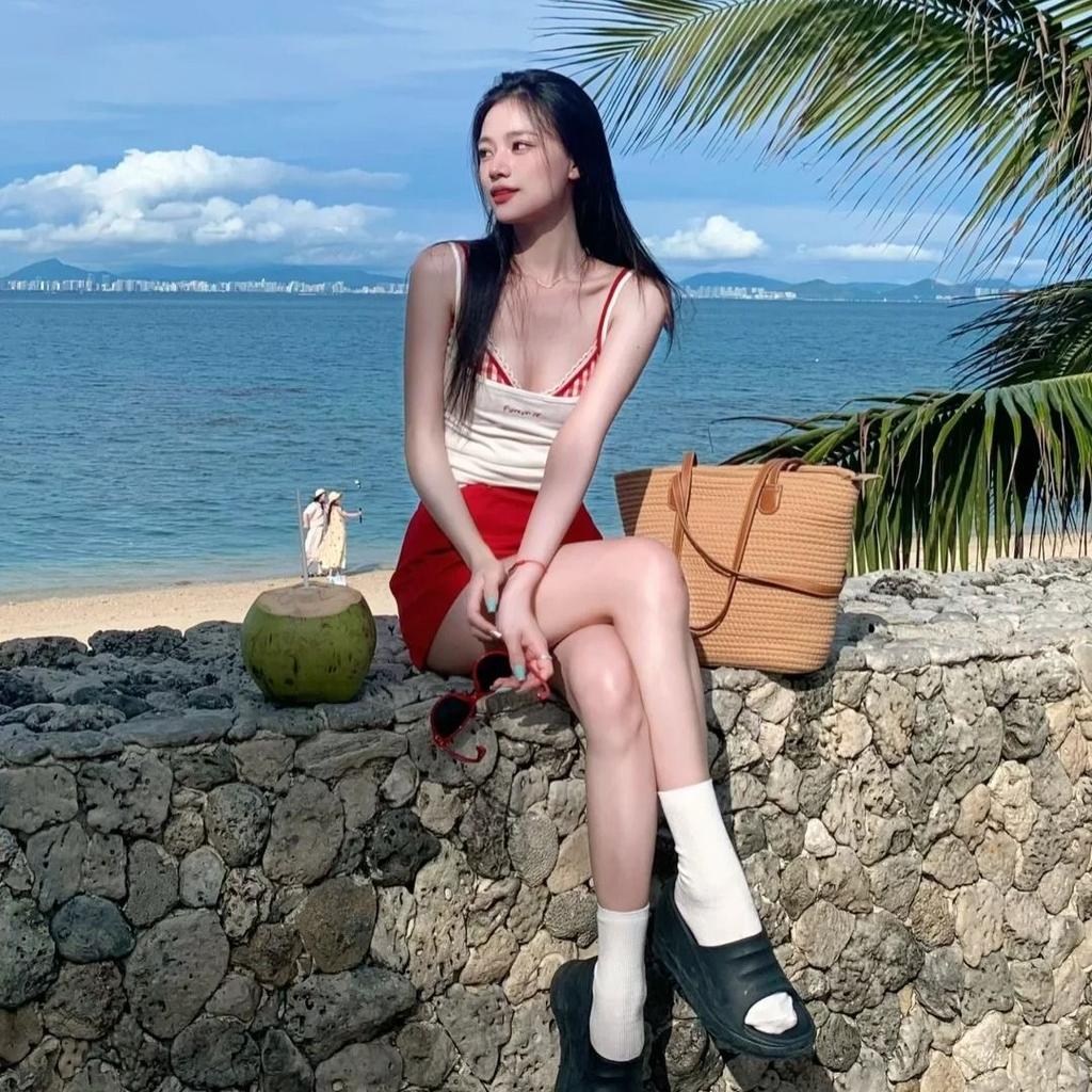 Summer Sexy Slim Sling Sleeveless Set Dress Women Korean Fashion Skinny Plaid Thin Tops Female + Aesthetic Y2k Solid Dresses New