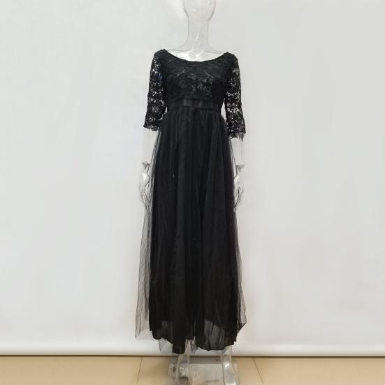 Women Prom Party Dress Round Neck Lace Flower Embroidery Half Sleeve Tight Waist Patchwork Floor Length Pleated Lady Fall Winter Maxi Evening Dress