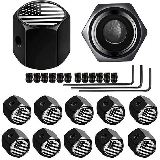 Dsycar 12 Pack Chrome American Flag Valve Stem Cap Aluminum Hexagon Design, with Rubber Ring, Universal fits Cars, Trucks, Motorcycles, Bicycles
