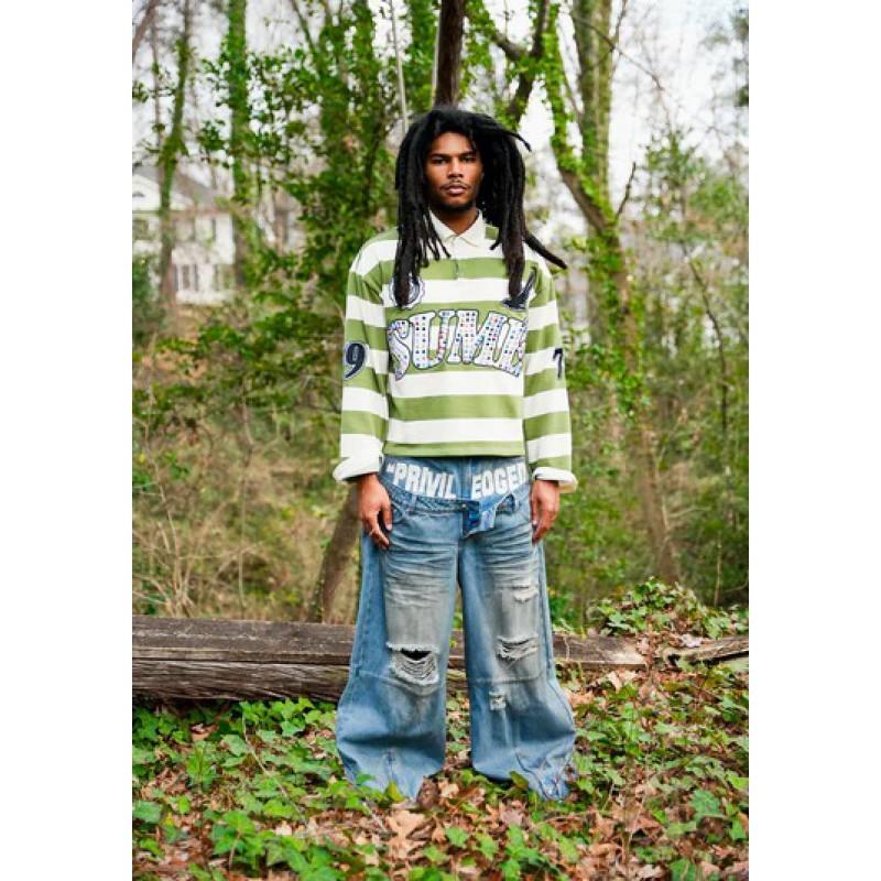 Mens Y2K Striped Polo Shirt Long Sleeve Embroidered Rhinestone Casual Streetwear