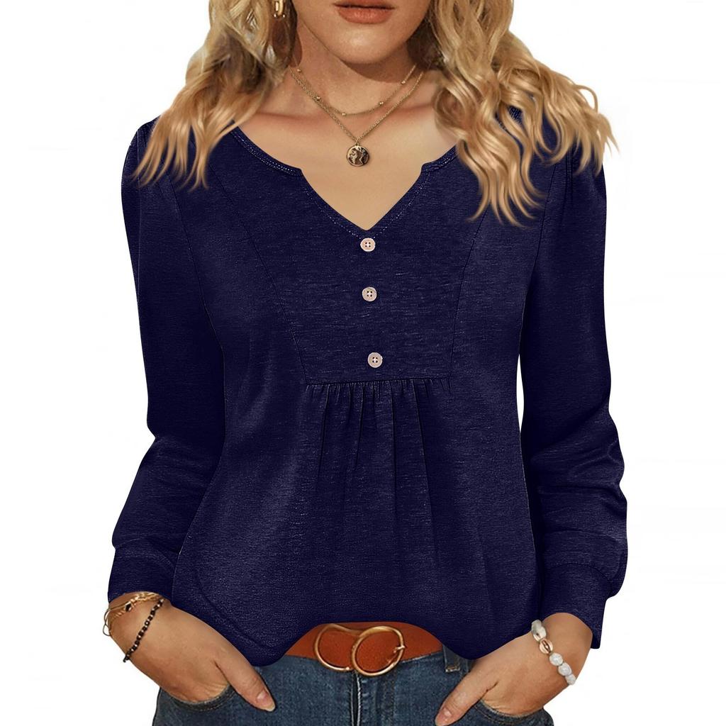 Women's Fashionable Casual V-neck Blouse Button Long-sleeved Pullover T-shirt Top