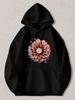 Black Pullover Hoodie with Pink Floral Mandala Design And "Catch Me In Florals" Text Casual Long Sleeve Sweatshirt for Daily Wear