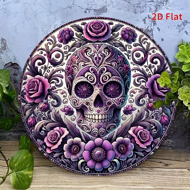 Vintage Gothic Purple Sugar Skull Floral Wreath Round Metal Tin Sign Retro Day of the Dead Wall Decor Art Plaque