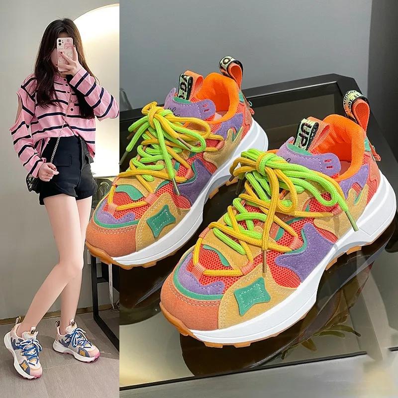 Women Fashion Rainbow Color Chunky Sneakers Women Autumn Platform Lace Up Sports Shoes Woman Mesh Breathable Non-slip Sneakers
