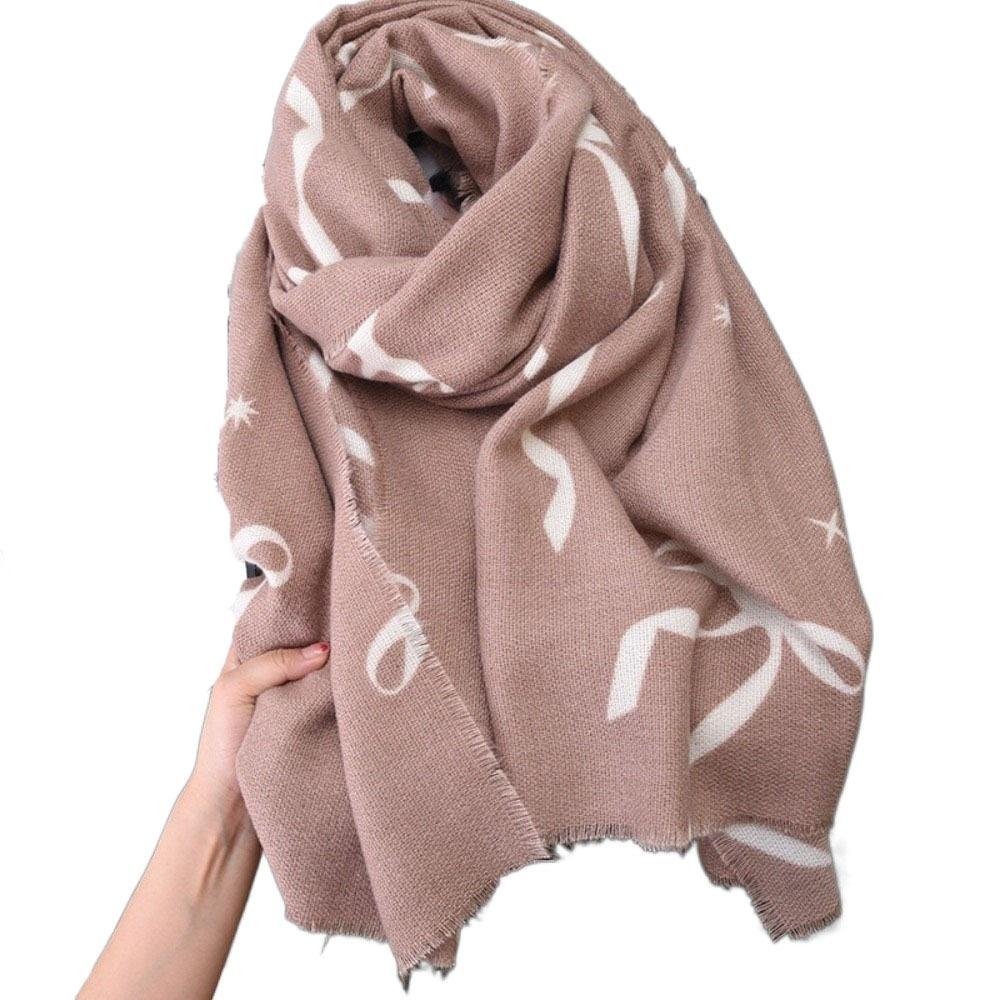 Thicken Bow Wool Scarf Printed Women Cashmere Shawl Elegant Winter Cashmere Scarves Female