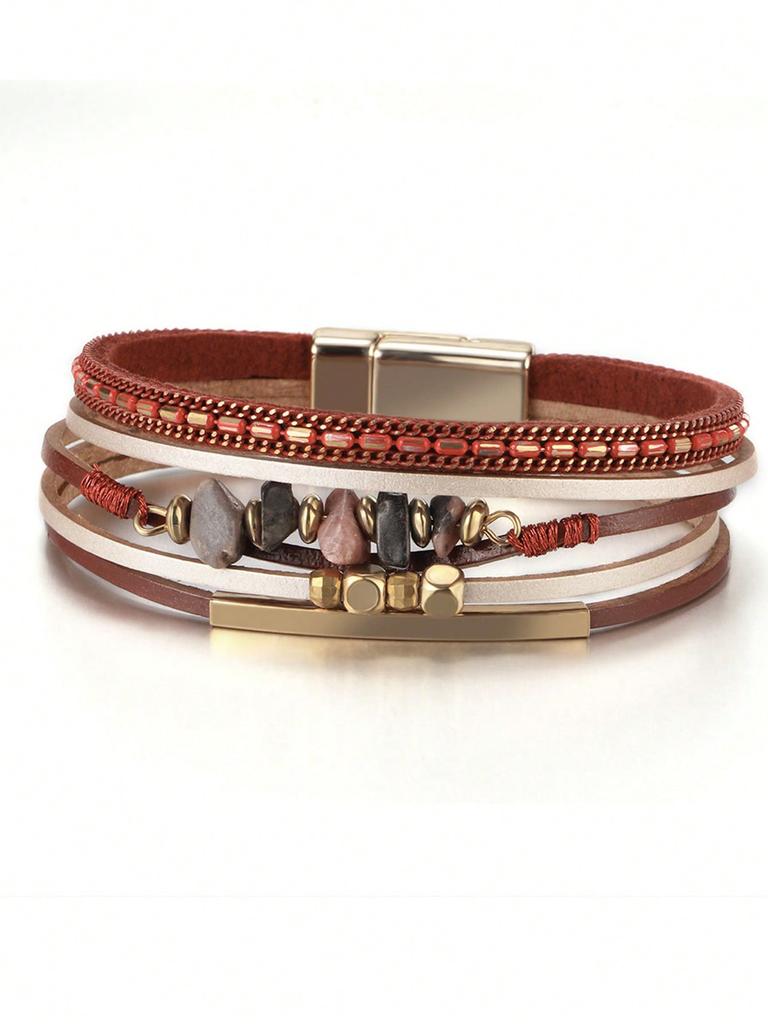 One Piece European and American Style Natural Stone Beaded Brass Tube Design Cowhide Rope Women Green Bracelet Summer Beach