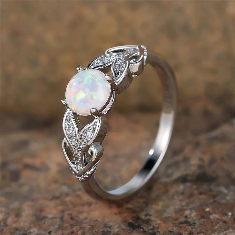 Простое нежное серебряное кольцо в форме листа для женщин с белым огненным опалом, обручальное кольцо, свадебное ювелирное украшение, подарок