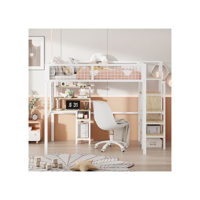 Lit mezzanine - MUVOE - 140x200 - Métal blanc - Échelle de sécurité - Table d'ordinateur intégrée