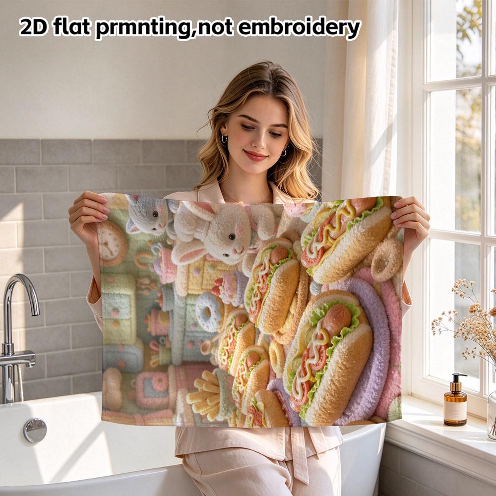 Plush Bunny Chef Kitchen Food Bath Towel, Soft Absorbent Kids Shower Towel, Hot Dog Donut Print Quick Dry Towel