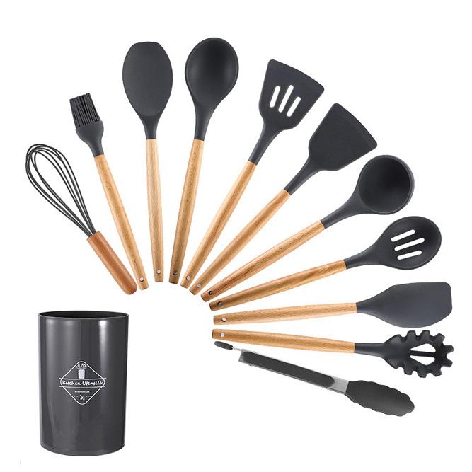 Silicone Wooden Handle Kitchenware Set 12-piece Set High Temperature Resistant Non-stick Pan Scoop Clip Kitchenware Bucket Baking Utensils