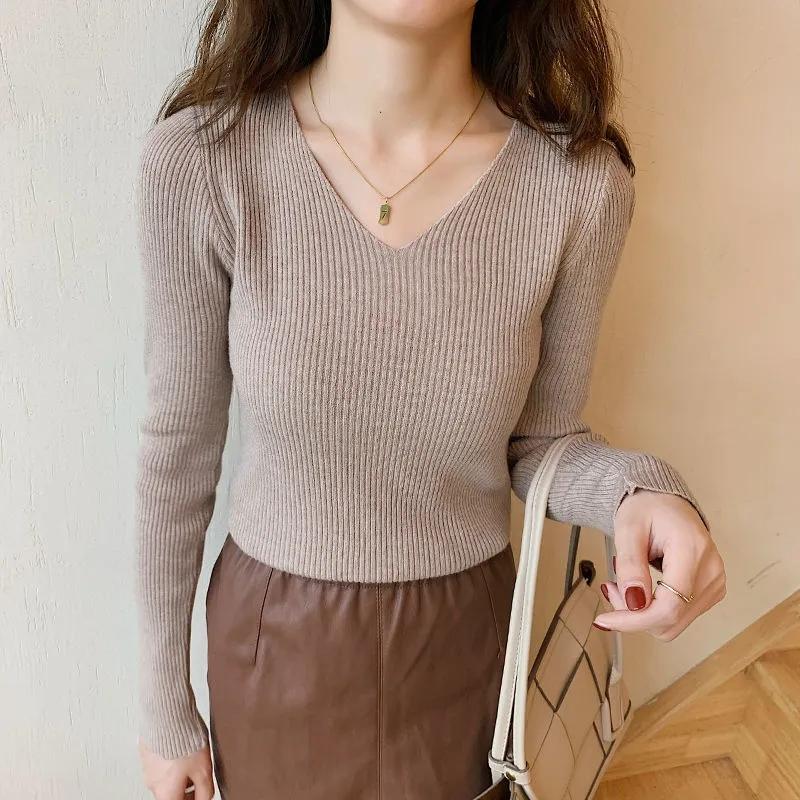 5XL базовые женские свитера с v-образным вырезом, осенне-зимние топы, эластичные тонкие женские пуловеры, вязаный свитер в рубчик, джемпер, мягкие теплые пуловеры