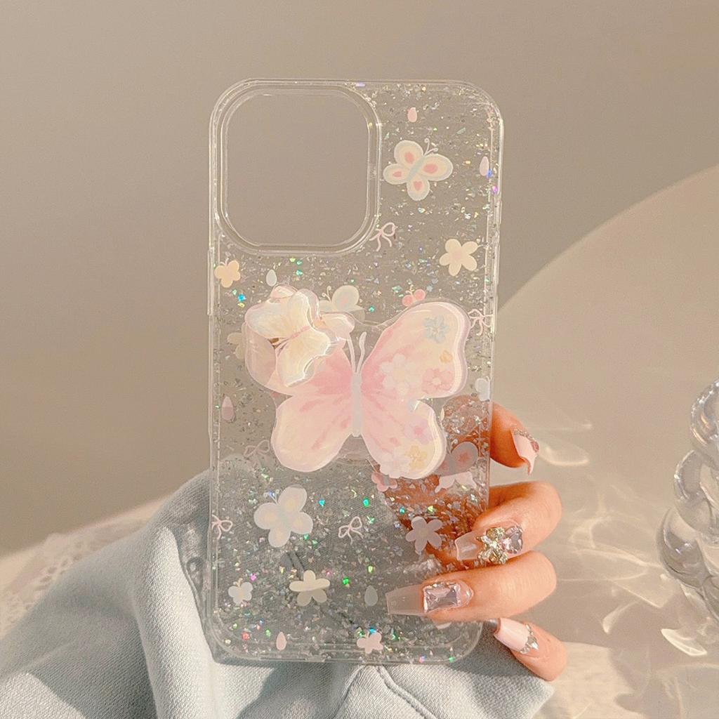 Ins spring and summer suitable Apple 17 Pro Max phone case 16 glitter iPhone 14 butterfly rotating stand 13 hard case