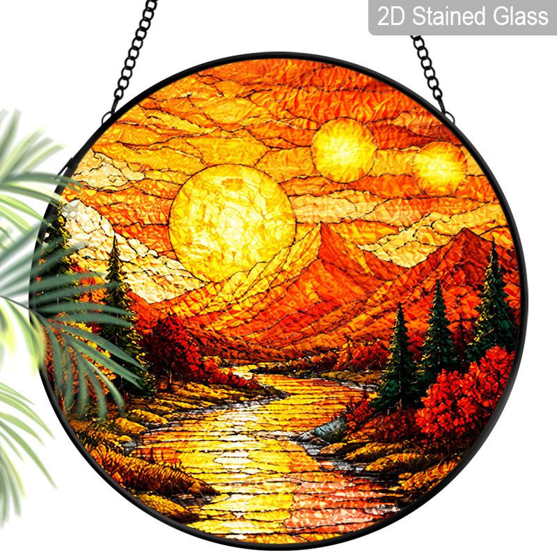 1pc 2D Flat Mountain Sunset Suncatcher Stained Glass Window Hanging, Rustic Mountain Landscape Sun Catchers Indoor Window Glass Wall Art Decor