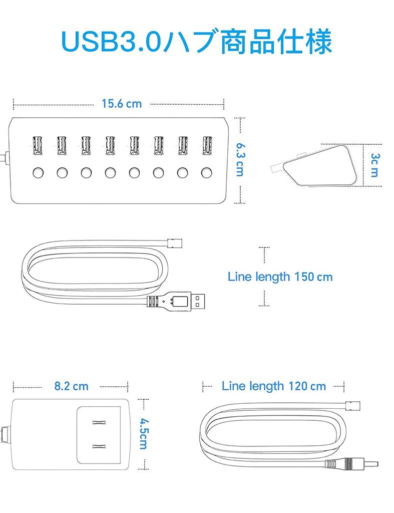USB 3.0 Hub with 8 Ports, Independent Switches, 24W Power Supply, Aluminum Construction, and 1m USB Cable. High-Speed Data Transfer, Fast