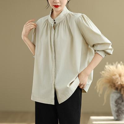 Весенняя литература свободная однотонная рубашка с воротником-стойкой и рукавами-фонариками с длинными рукавами женская рубашка верх блузки и рубашки