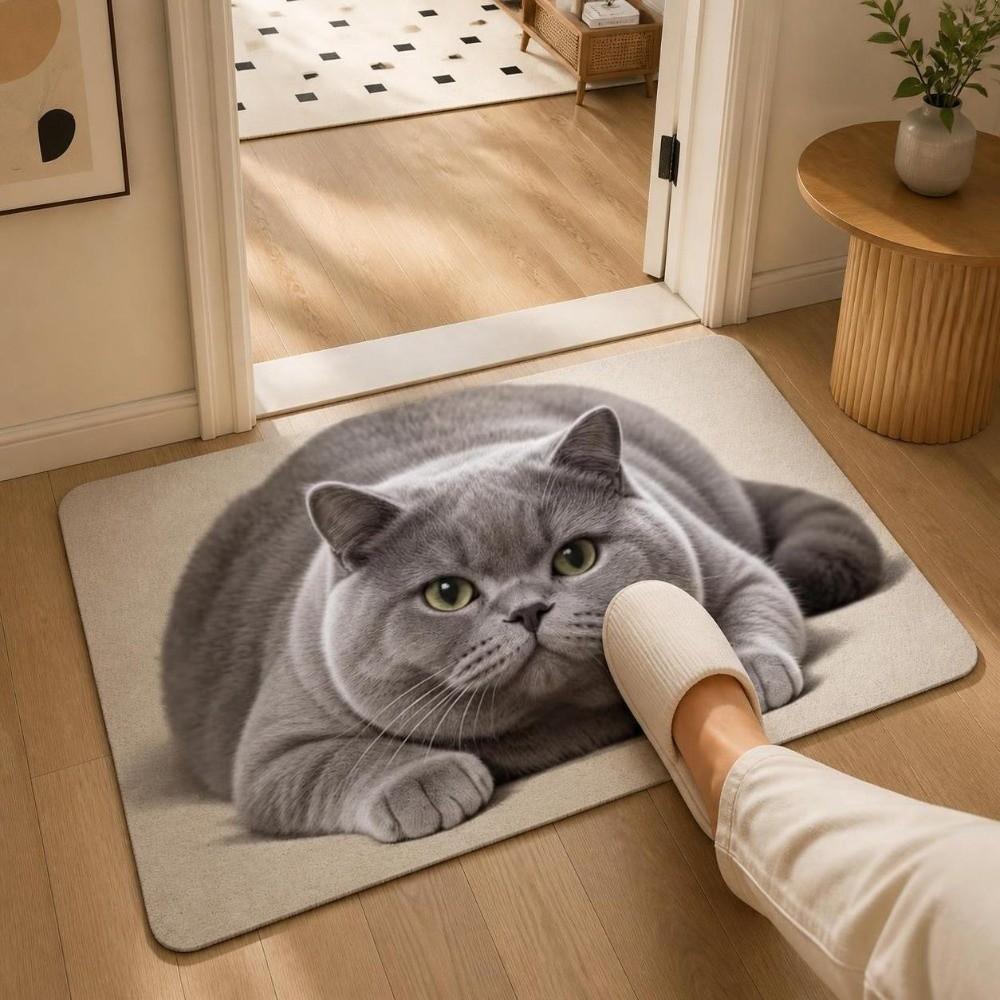 Absorbent Entryway Rug Diatomite Pet Floor Mat Practical Cat Print Doormat Hallway