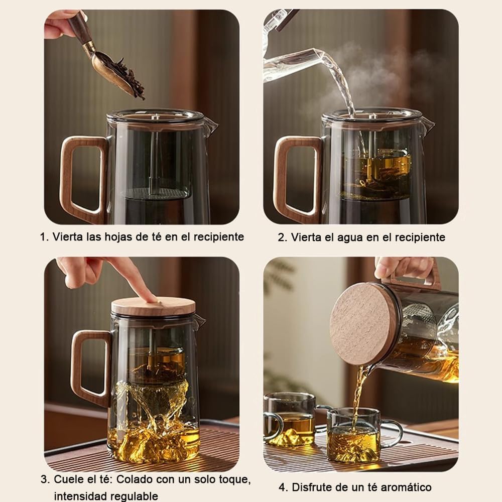 Magic Pot Glass Teapot with Wooden Handle 500ML Borosilicate Infuser Teapot with Magnetic Lid 304 Stainless Steel Strainer Water Separation for Loose