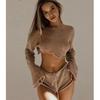 Sexy Beach Crop Top Shorts Sets Women Knit Long Sleeve Lace Up Female Suit Summer Holiday See Through 2 Piece Set Womens