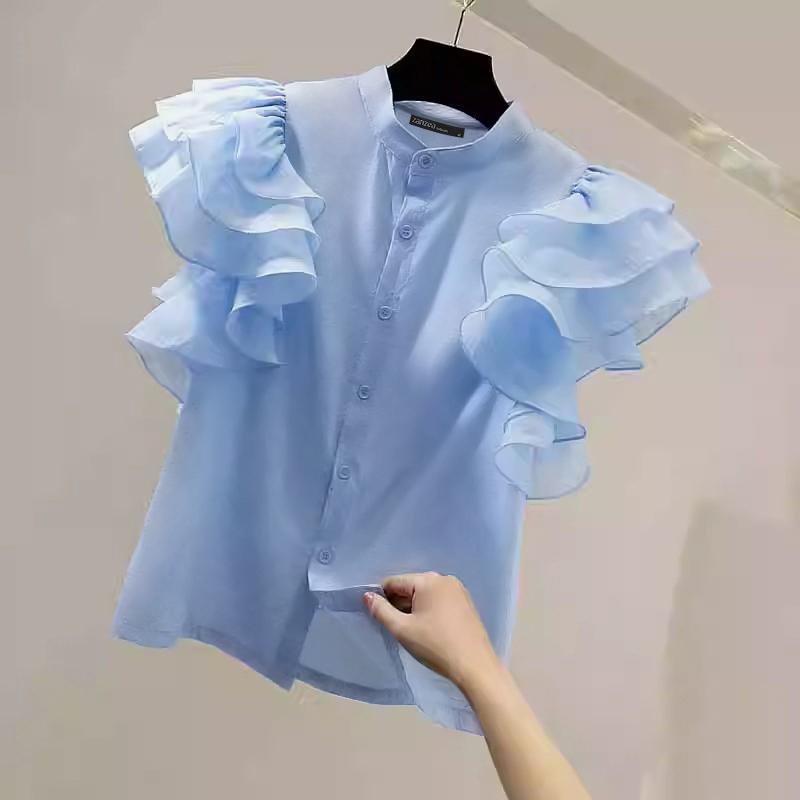 ZANZEA Женская модная свободная рубашка без рукавов с воротником-стойкой и рюшами