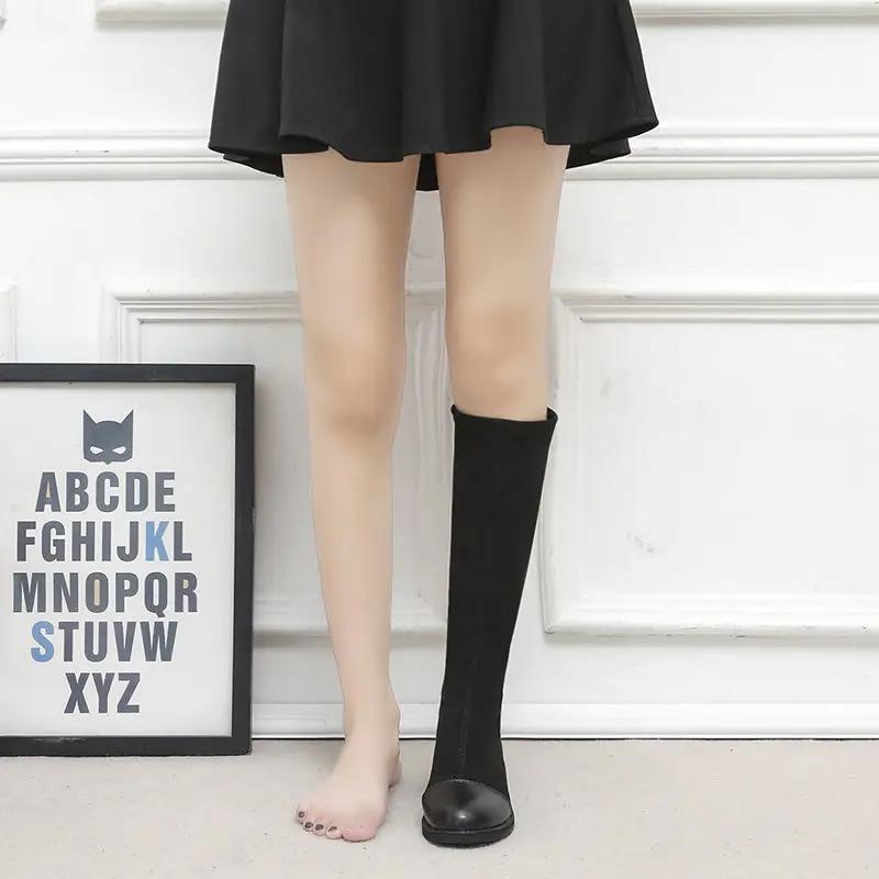 Ladies Knee High Shaft Shoes Elastic Women's Long Boots Middle Heel Round Toe New In On Offer Designer Luxury Hot Demi-season Pu