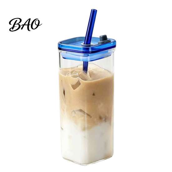 Borosilicate Glass Drinking Cups Square Cup with Lid And Straw, 350ml Capacity, Heat-Resistant Wedding Gift Glassware Sets Tumbler, Easy Cleaning