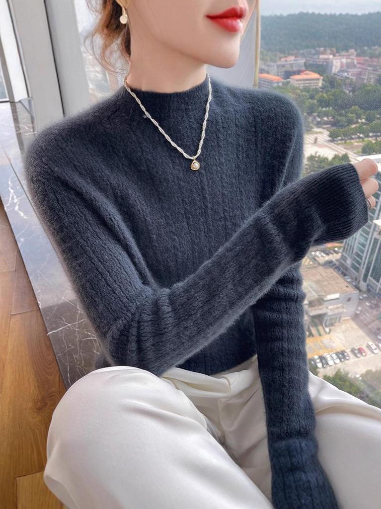 Half-High Collar Cashmere Slim Fit Knit Pullover Sweater for Fall/Winter