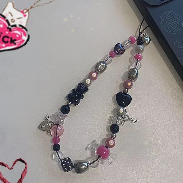 Розово-красная цепочка для телефона в стиле Y2K с сердечком, шнурком для камеры CCD и подвеской в виде медведя