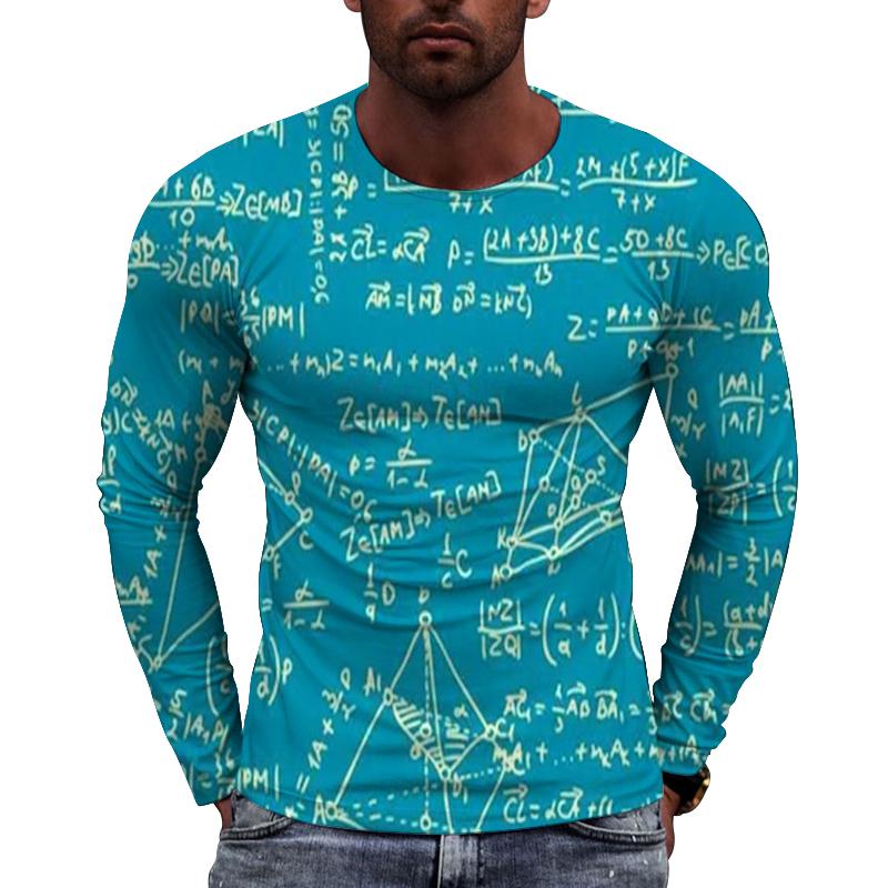 Fun Mathematical Formula Pattern Men's Long Sleeved Casual T-shirts - Soft Medium Stretch Polyester Fabric Spring and Autumn Relaxed Fit Clothing