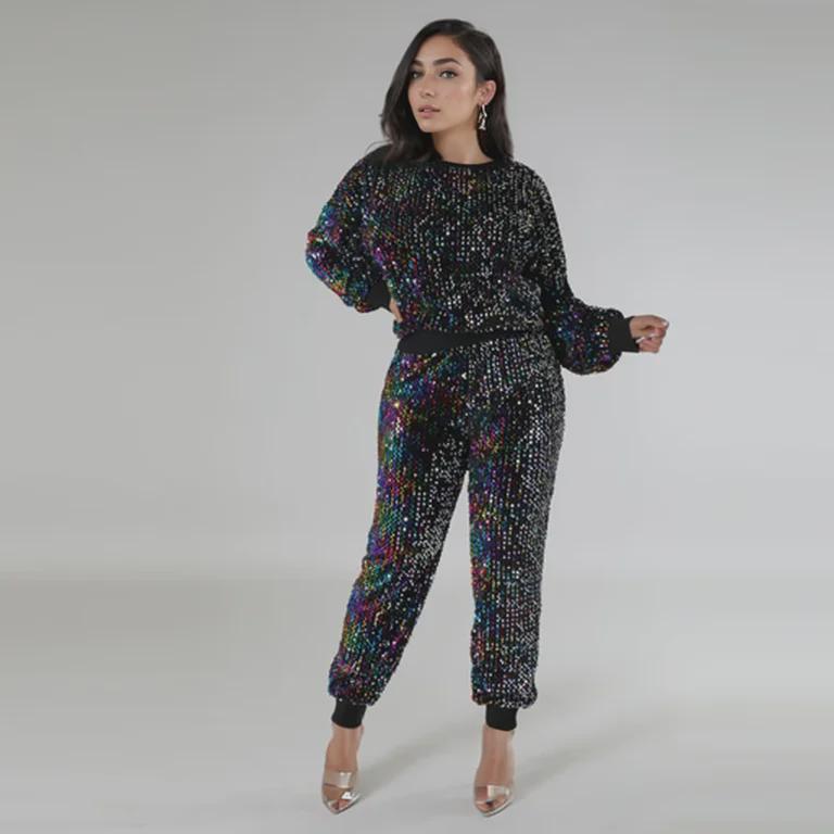 Европейский и американский женский костюм-двойка с длинными рукавами и пайетками - мода осень/зима для вечеринок и отдыха