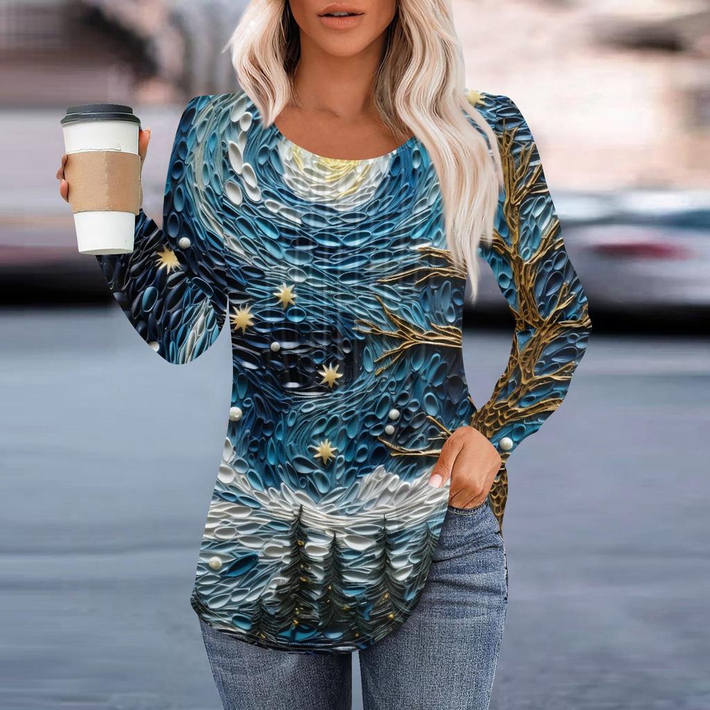 Женская повседневная и модная принтованная футболка с круглым вырезом и длинными рукавами, плиссированная футболка на Рождество