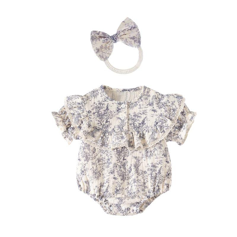 New Chinese-Style Ink Painting Design Romper for Young Girls, Fashionable and Versatile Summer Style, Exquisite One-Piece Crawling Suit