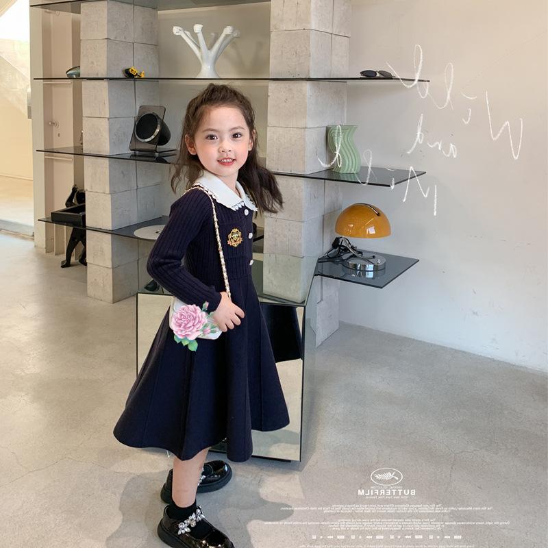 Girls' Spring and Autumn College Style Dress Sweater Children's Long Sleeve Lapel