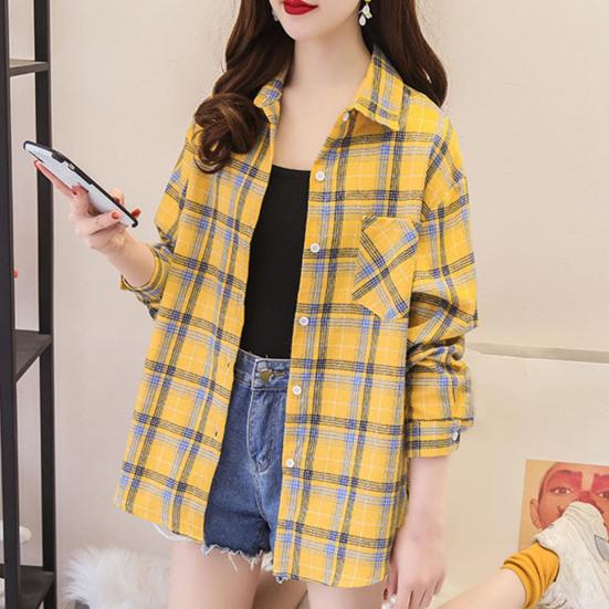 Отложной воротник, длинный рукав, однобортная рубашка с накладными карманами, свободная рубашка, классическая повседневная рубашка с клетчатым принтом, блузка, женская одежда