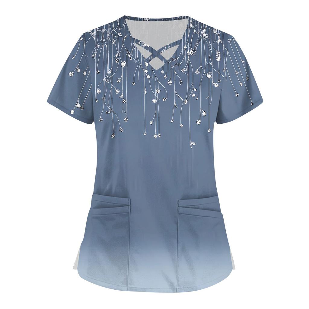Women's Short Sleeve Stagger V Neck Print Pocket Dry-nurse Top