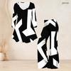 Women Plus Size Black White Geometric Printed V Neck Long Sleeve Flared Top And Flared Pants Two Piece Set