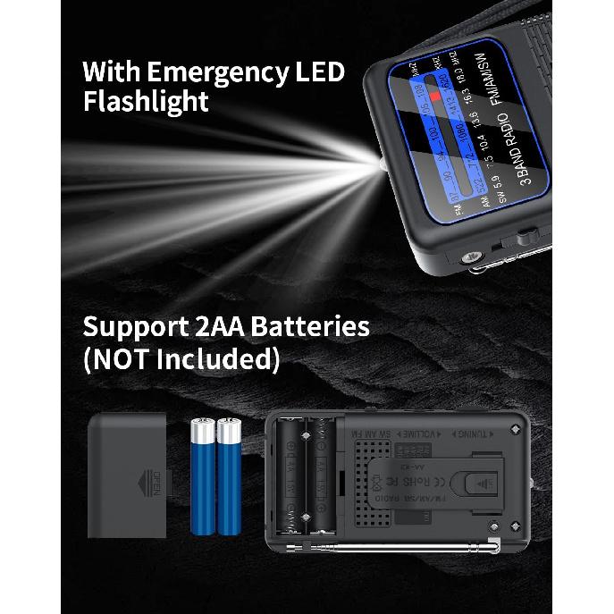 Портативный AM FM SW радиоприемник на батарейках с короткими волнами, транзисторные радиоприемники с зажимом сзади, аварийным светодиодным фонариком, разъем для наушников 3,5 мм